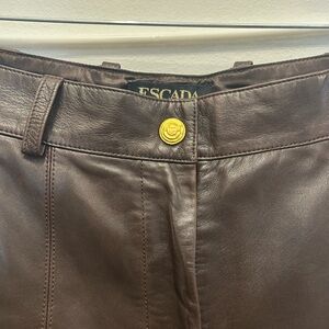 Escada Brown Leather Pants with Gold Button